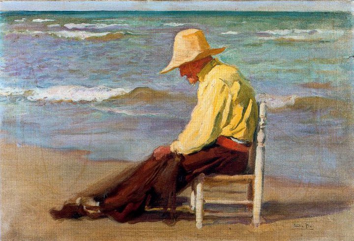 Anciano en la playa arreglando las redes. Óleo sobre lienzo de Cecilio Plá y Gallardo, 1913.